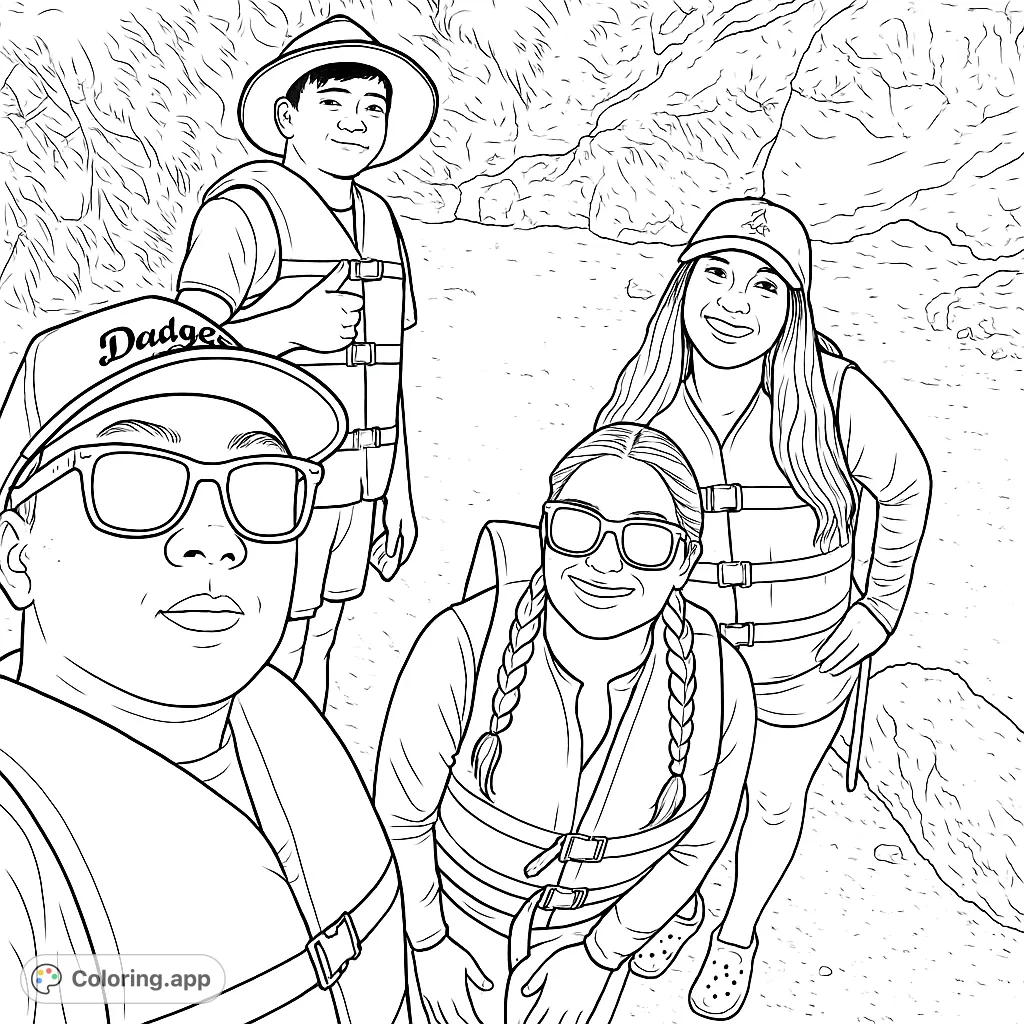 A group of four adventurers in life vests on a rocky shore, ready for a river or lake excursion. Perfect for family adventure coloring.