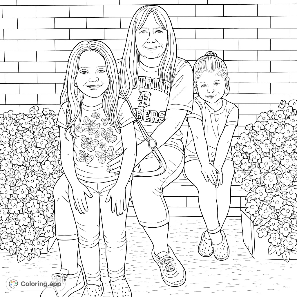 A heartwarming family portrait featuring a woman and two smiling girls seated on a bench, surrounded by abundant, detailed floral planters against a brick wall.