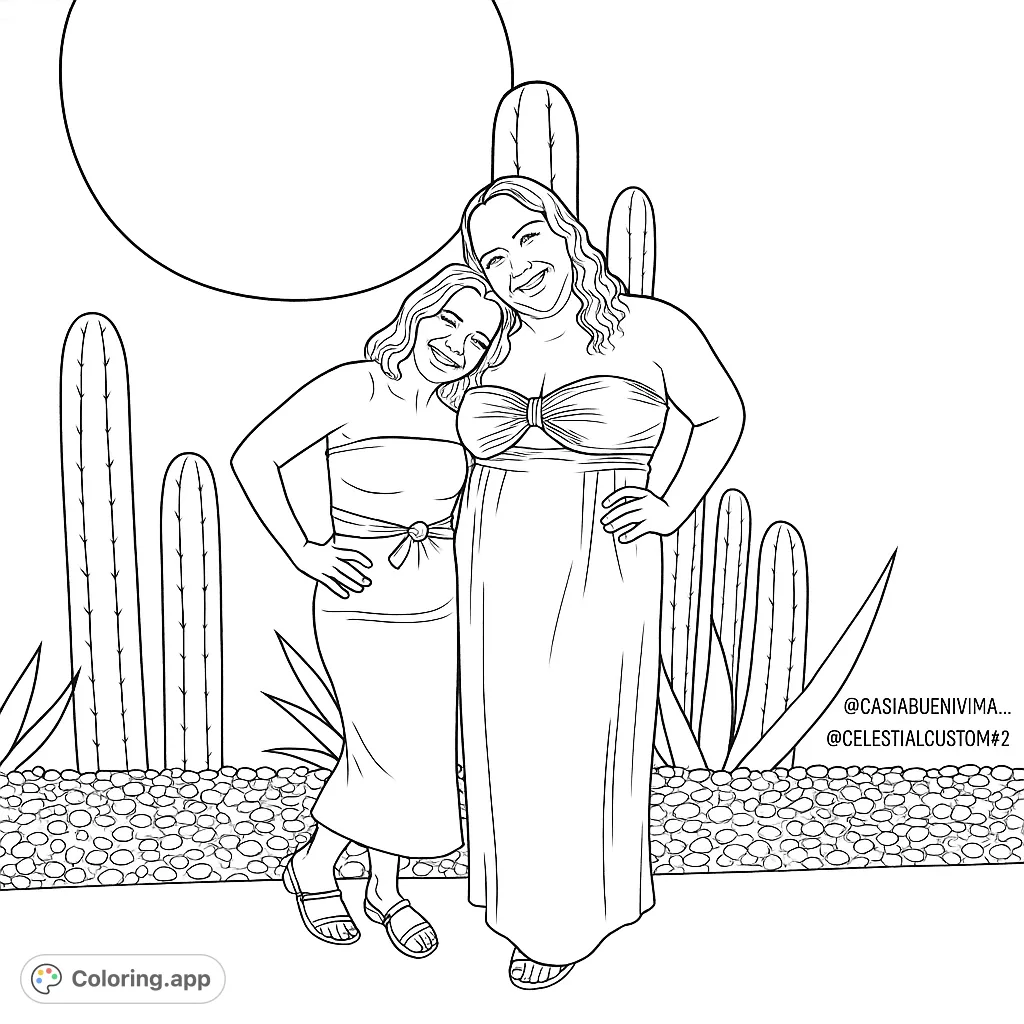 Two smiling women pose in front of a vibrant desert-themed mural, featuring a large sun-like circle and various cactus forms.