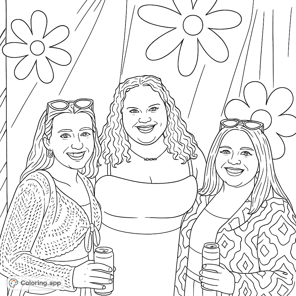 Three smiling friends enjoying a retro-themed party with groovy floral decorations. A detailed coloring page perfect for celebrating friendship and fun.