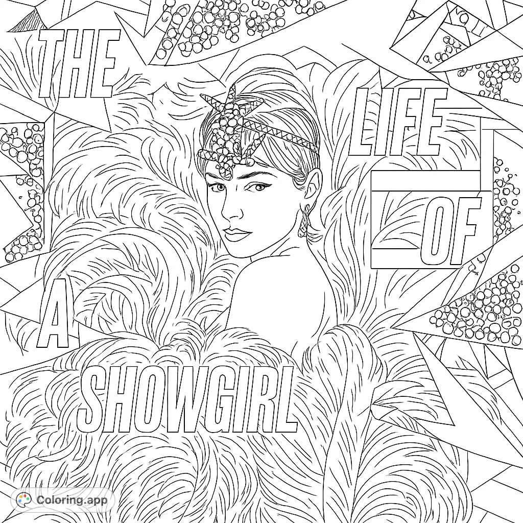 Step into the spotlight with this glamorous showgirl coloring page. A dazzling starlet adorned with feathers and sparkling jewels awaits your artistic touch. Perfect for detailed coloring.
