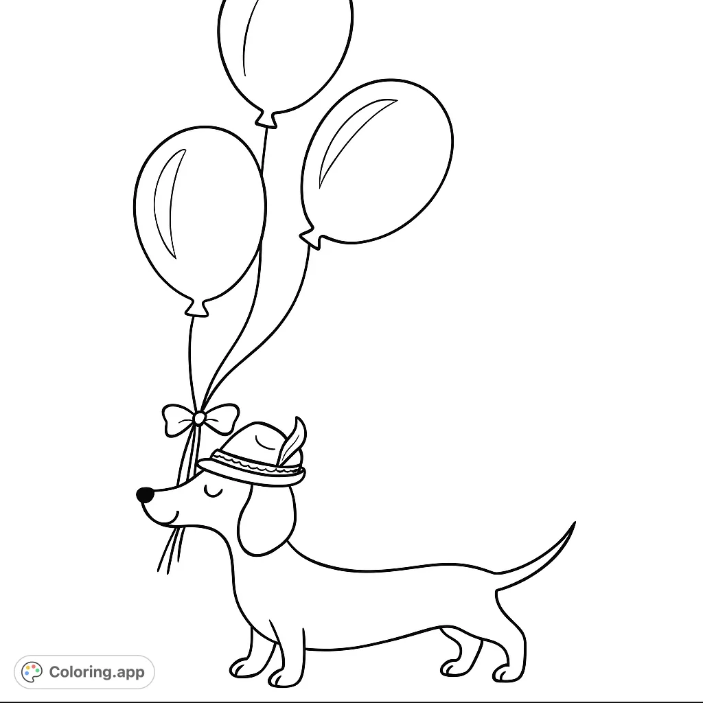 A delightful dachshund wearing a festive hat holds a cluster of balloons, ready for celebration. Perfect for a fun and easy coloring experience.