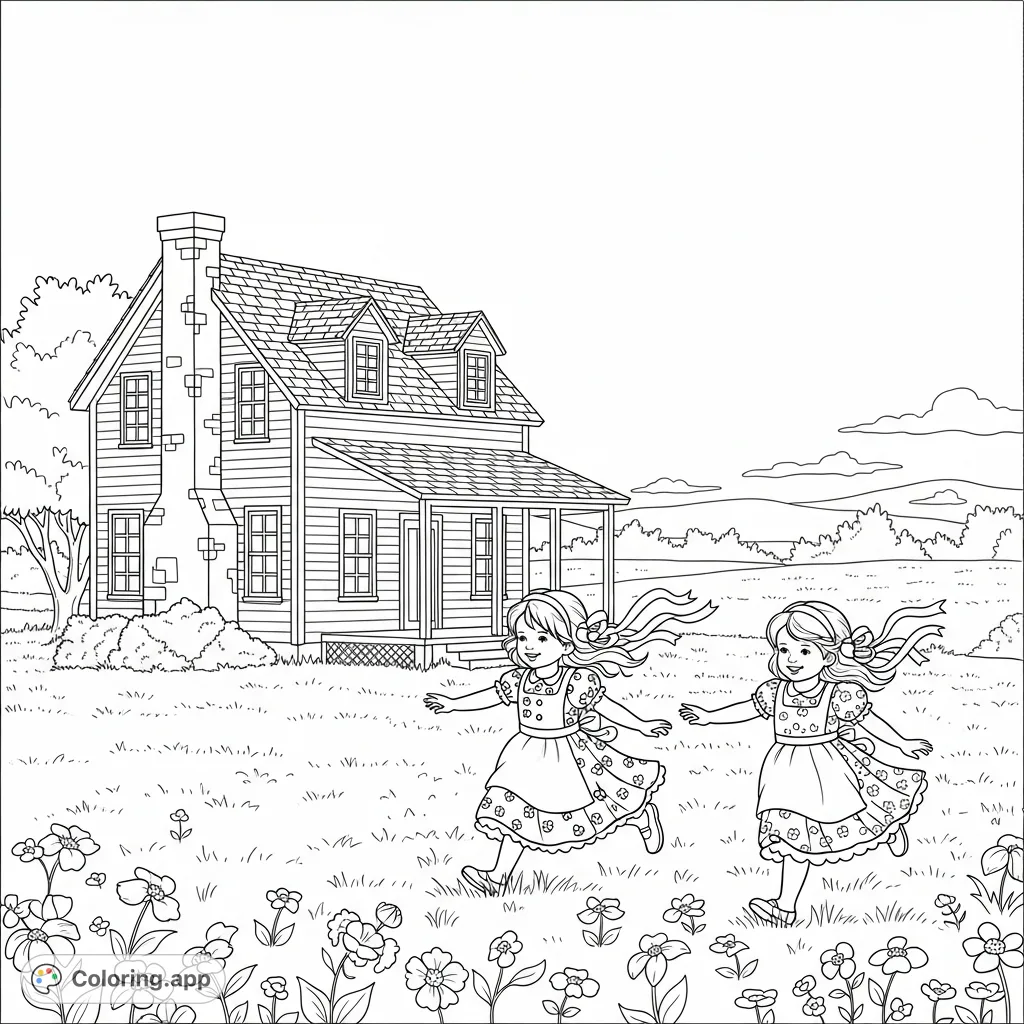 Capture the innocence of childhood with a charming farmhouse and two little girls running through a field. A delightful scene for creative coloring.