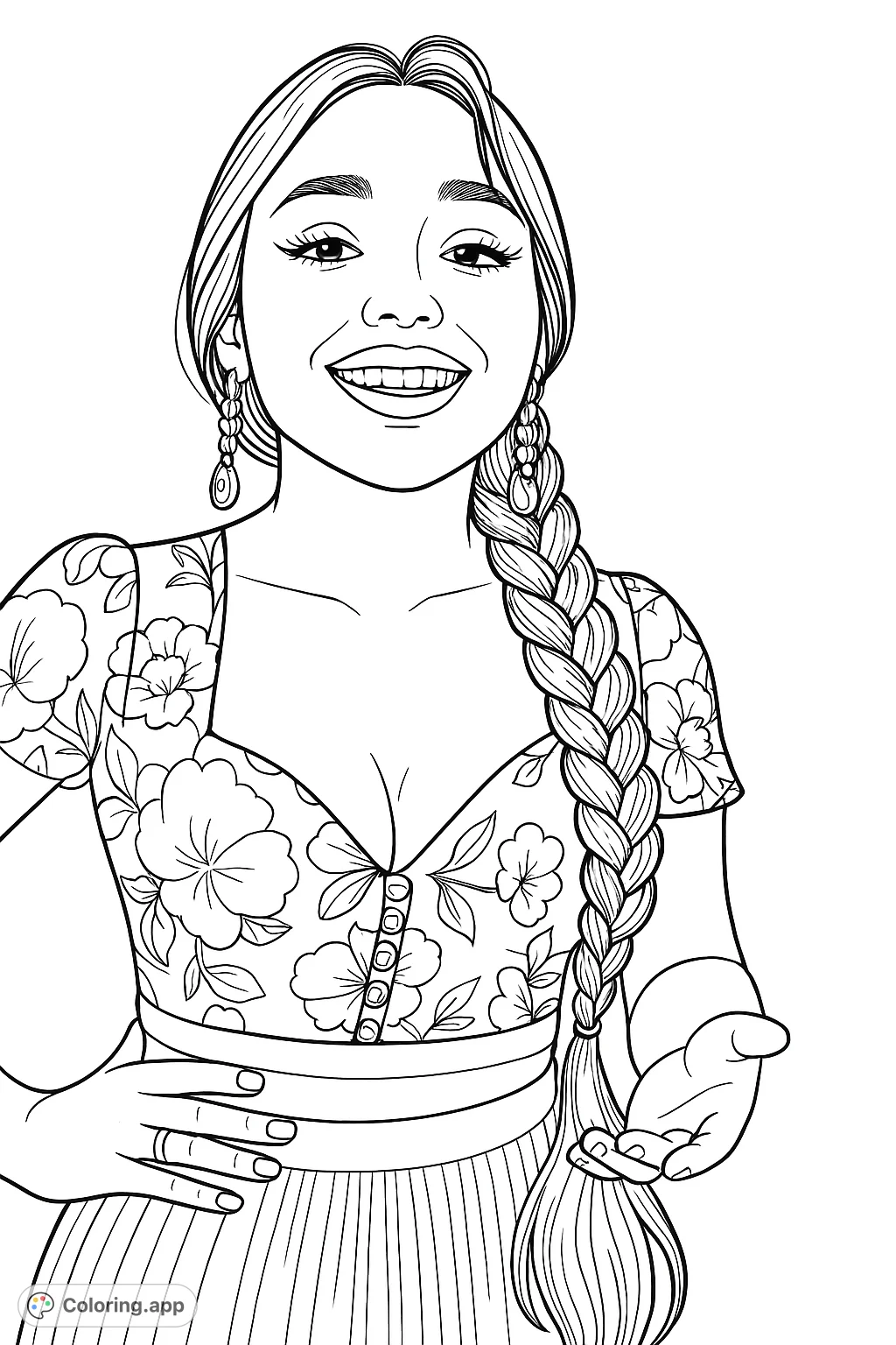 A cheerful young woman with a long braid and ornate earrings, wearing a stylish floral top and pleated skirt, ready for your creative touch.