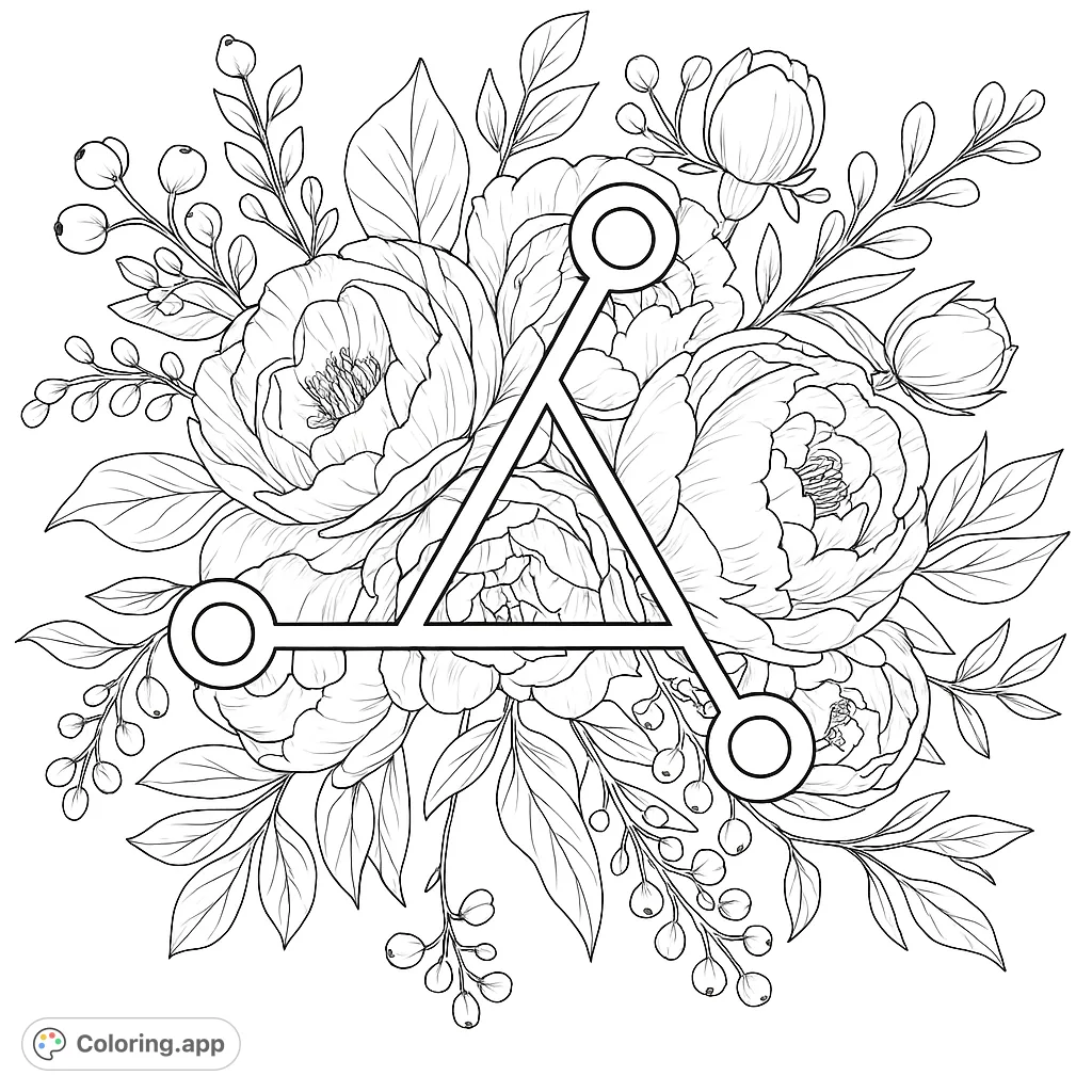 A beautiful floral bouquet featuring large blooms, delicate berries, and lush leaves, elegantly overlaid with a striking geometric triangle. Perfect for mindful coloring.