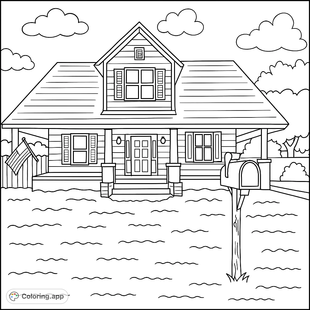Color a charming classic farmhouse with a welcoming porch, dormer window, and a prominent mailbox, set against a cloudy sky.