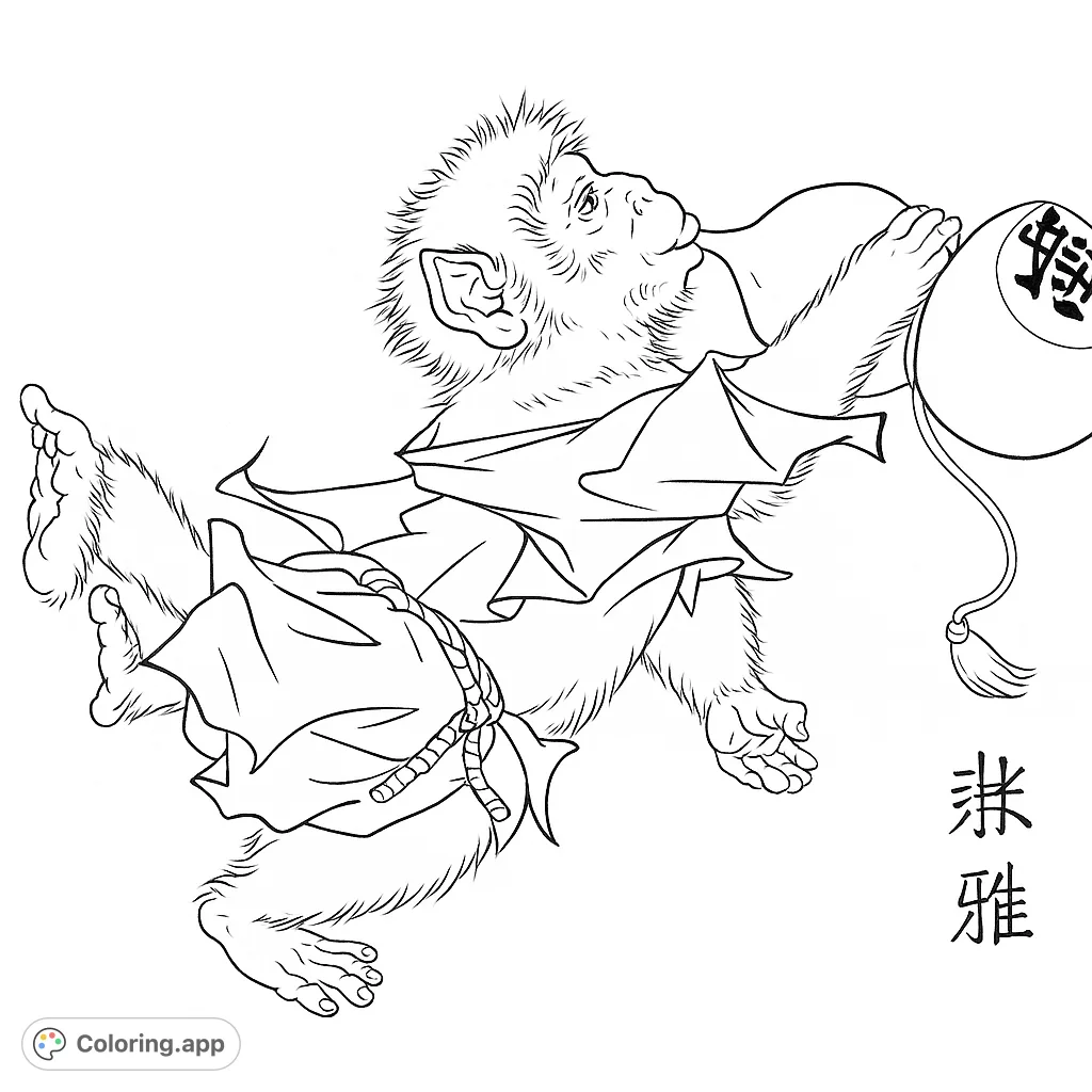 A whimsical monkey figure from folklore, adorned in traditional attire, enjoying a drink from a large gourd. A unique cultural coloring page.