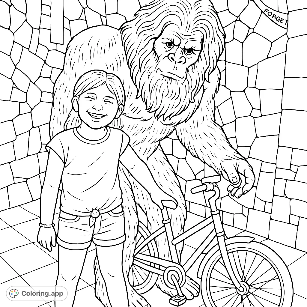 A smiling girl poses with a friendly Bigfoot statue and a bike against a stone wall. A fun, adventurous scene for all ages to color.