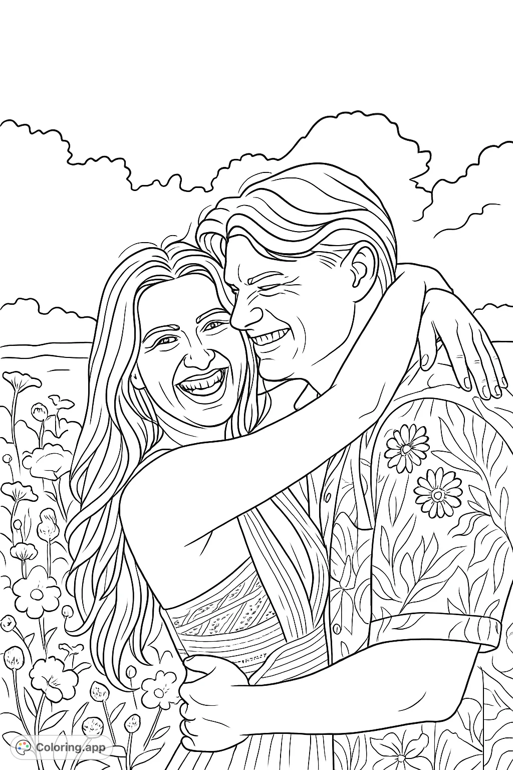 A joyful couple embracing amidst a field of delicate flowers, sharing a moment of laughter and affection. Perfect for celebrating love and happiness.