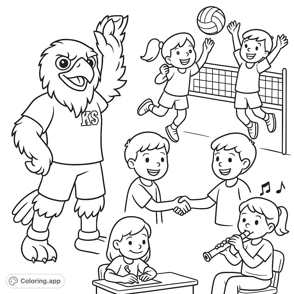 A friendly hawk mascot cheers on happy, determined children engaged in various school activities like volleyball, studying, and music. Inspiring fun for all ages!