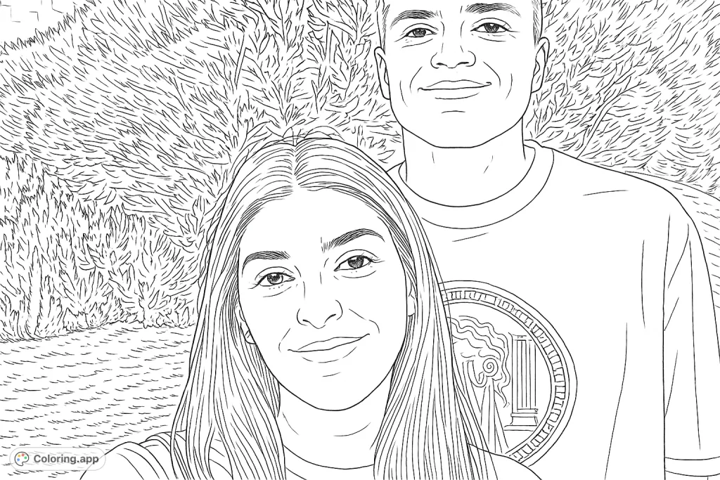 A heartwarming portrait of a smiling couple, with a woman in the foreground and a man behind her, set against a lush natural backdrop.