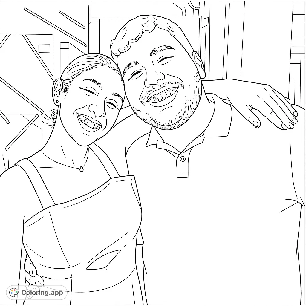 A heartwarming coloring page featuring a happy couple smiling together, perfect for celebrating love and connection. Enjoy coloring their joyful expressions and stylish outfits.