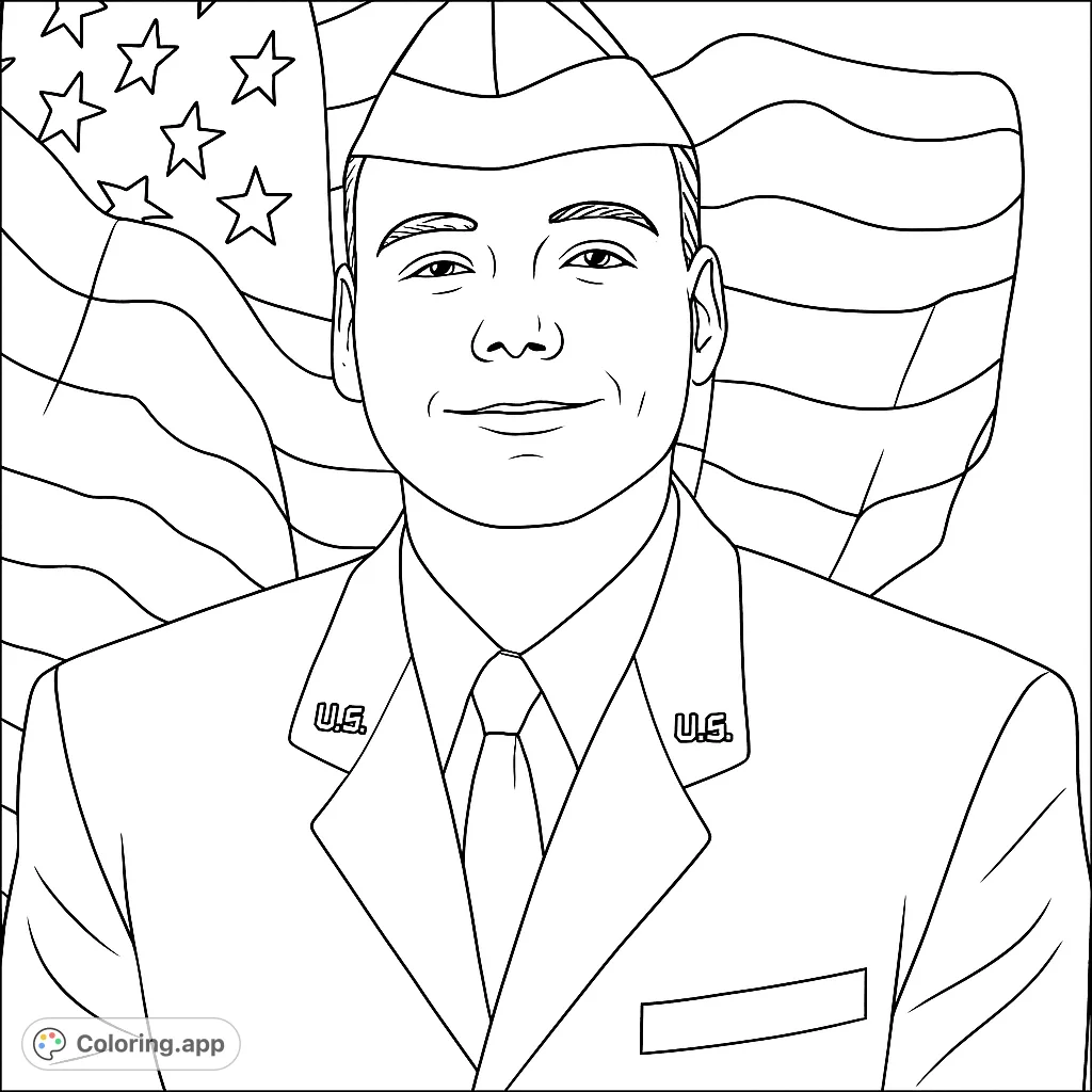 A proud service member in uniform stands before a waving flag, ready for you to add your patriotic colors. A detailed military uniform coloring page.