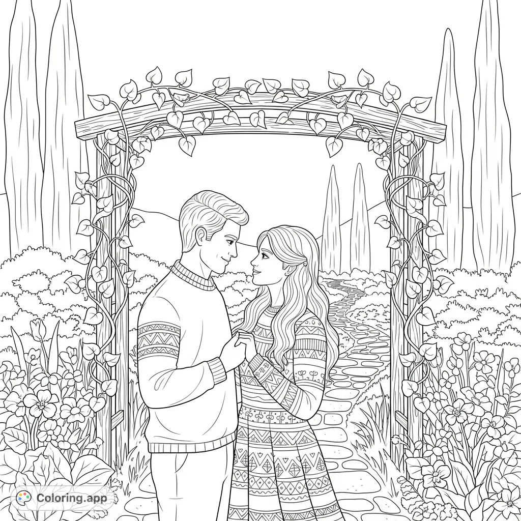 A beautiful healthy romantic relationship coloring page featuring a couple in a serene garden, symbolizing connection, growth, and shared tranquility.