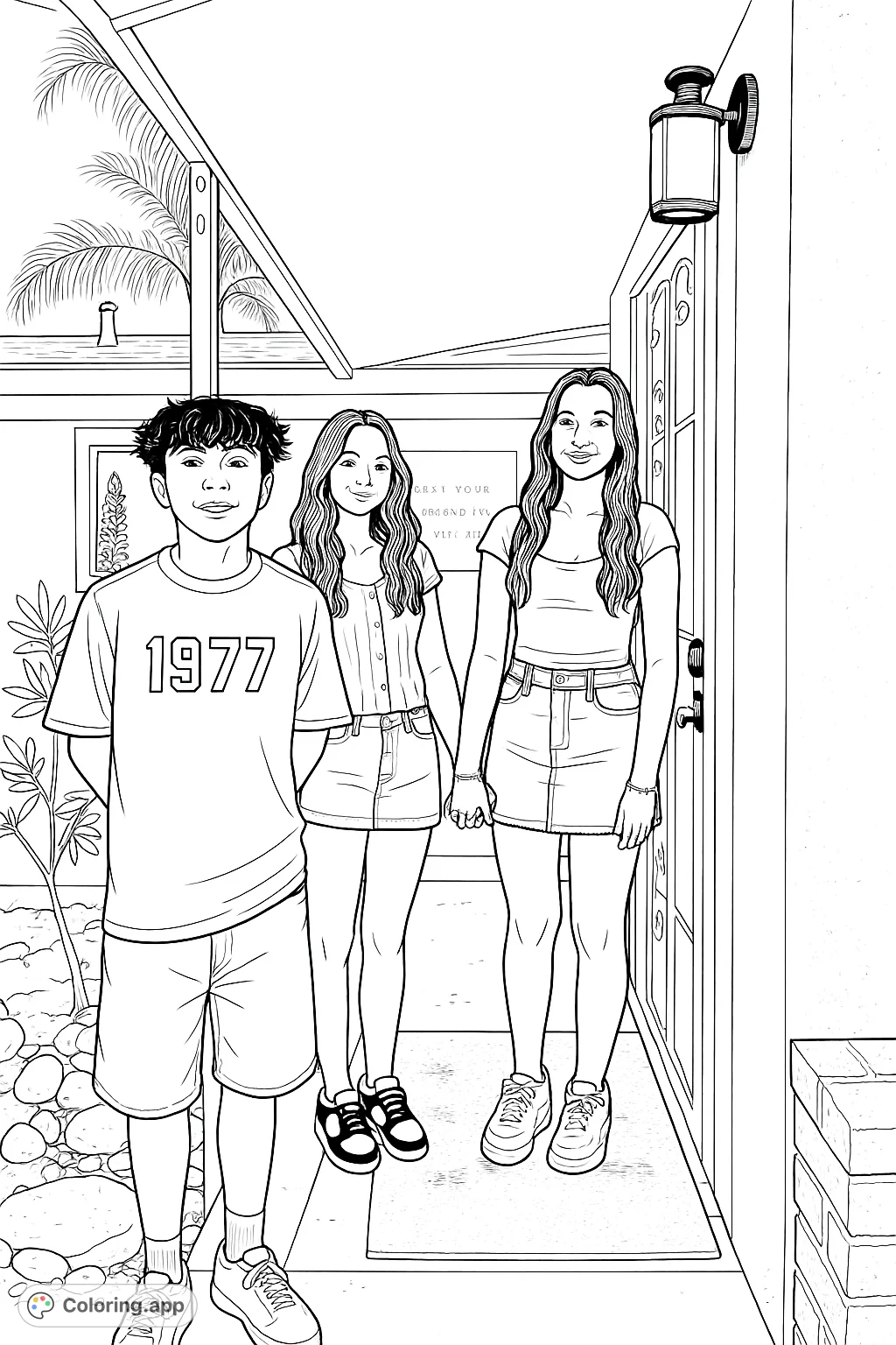 A modern youth trio stands on a welcoming porch, ready for a day of fun. This free printable coloring page captures a casual, friendly scene for all ages.