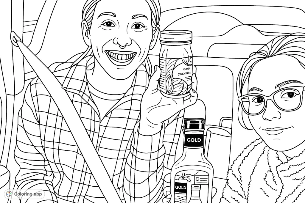 A cheerful car scene featuring two smiling individuals, one holding a small jar and the other a bottle, ready for a fun coloring adventure.
