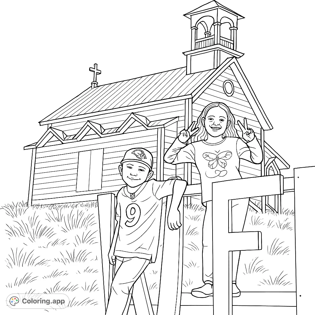 Two happy children pose by a charming country church and a decorative fence, ready for a fun coloring adventure.