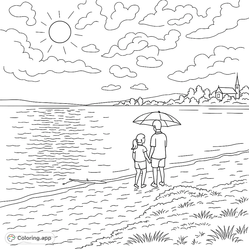 A heartwarming scene of two children sharing an umbrella by a vast lake, with a distant landscape and a bright sun. Perfect for a peaceful coloring escape.