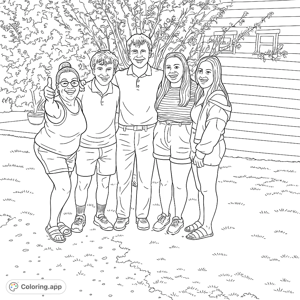 A lively group of five individuals posing outdoors by a house and a large tree. Perfect for personalizing with unique colors and patterns.