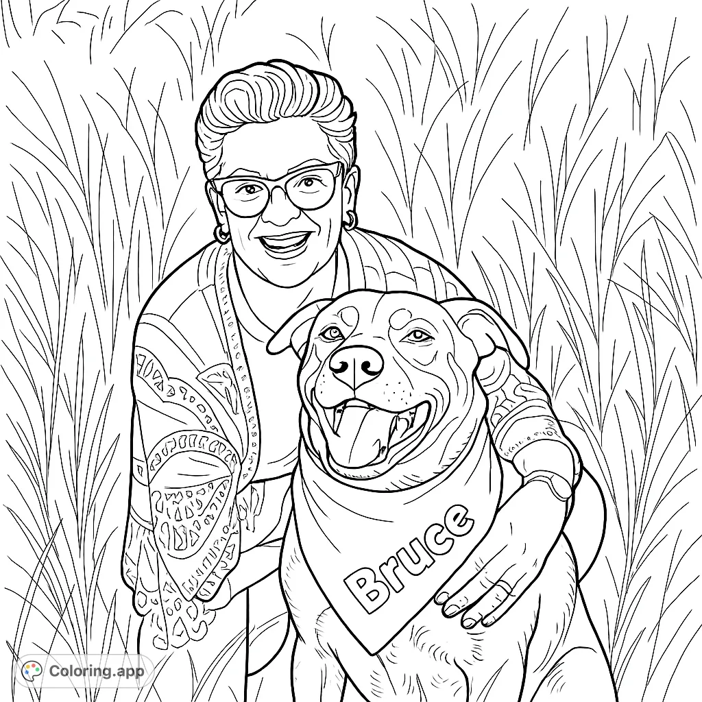 Capture a heartwarming moment with this detailed woman and dog coloring page, featuring a smiling woman and her happy canine companion in a field.