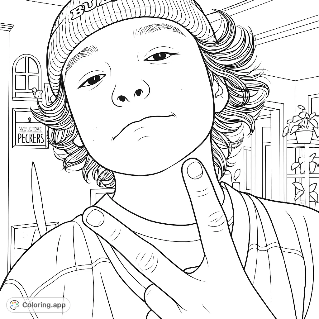 A fun close-up portrait of a young person making a peace sign, wearing a beanie and jersey, with a playful expression. Perfect for creative coloring.