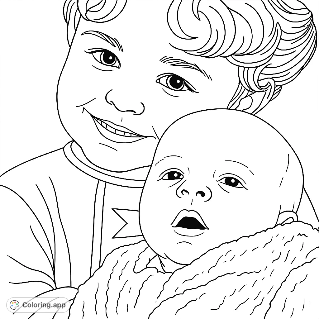 A heartwarming scene of an older child gently holding a newborn baby, capturing a tender sibling bond. Perfect for family-themed coloring.