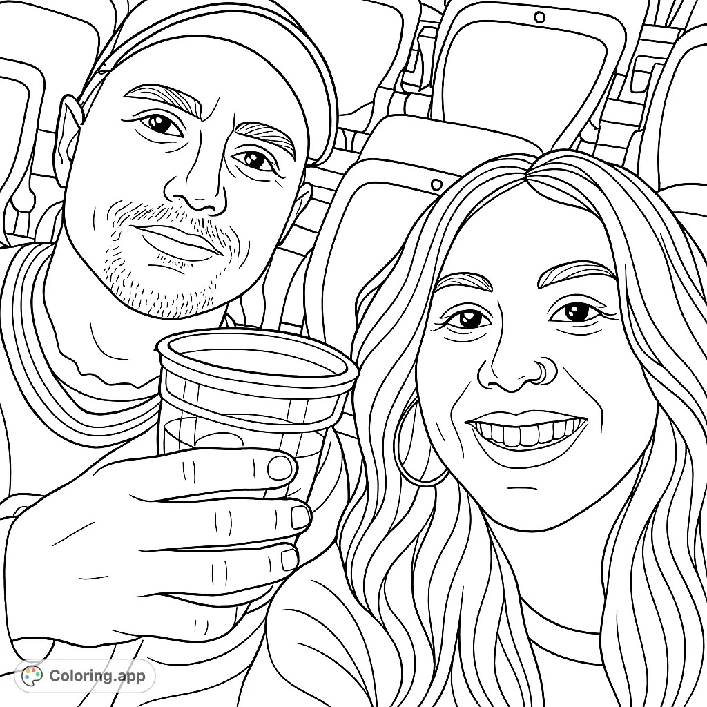 A cheerful couple enjoys a stadium event, captured in a close-up. Personalize with your favorite team's hues for a unique sports fan coloring page.