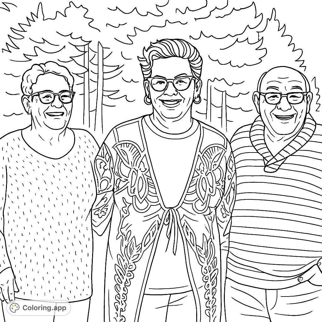 Capture the warmth of friendship or family with this delightful coloring page featuring three smiling individuals in a natural outdoor setting. Perfect for all ages.