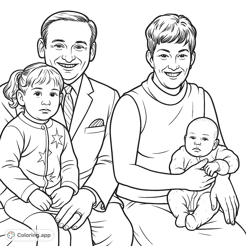 A heartwarming family portrait featuring two adults, a young child with pigtails, and a baby. Perfect for celebrating family bonds and creating cherished memories.