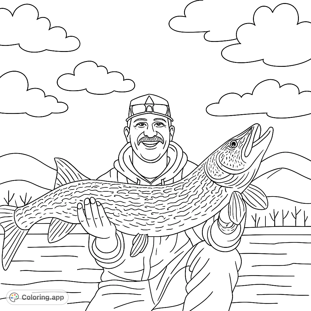 A proud angler holds a massive fish against a snowy mountain backdrop. Perfect for fishing enthusiasts and winter scene lovers.