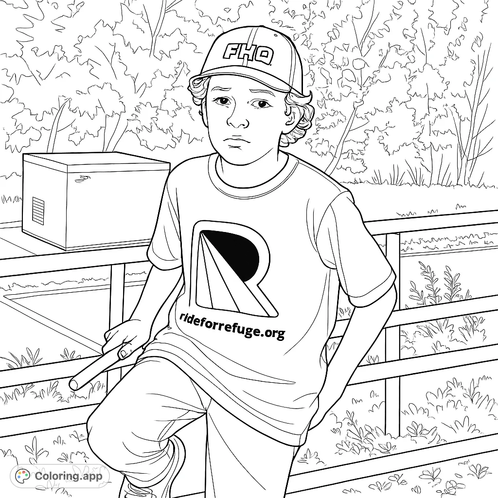 A casual outdoor scene featuring a young person in a cap and t-shirt, leaning on a railing with a natural backdrop. Perfect for creative expression.