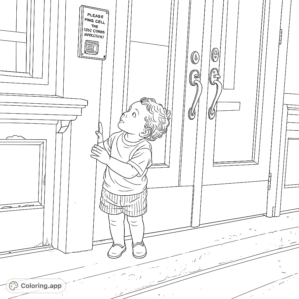 A sweet child stands by a building entrance, looking up with wonder. This charming coloring page captures a moment of innocent curiosity, perfect for all ages.