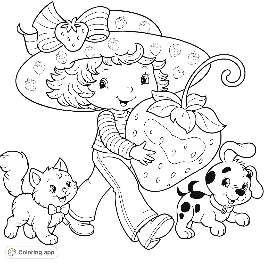 Join a cheerful character and her adorable cat and dog friends as they carry a giant fruit. A delightful scene for young colorists to bring to life with vibrant hues.