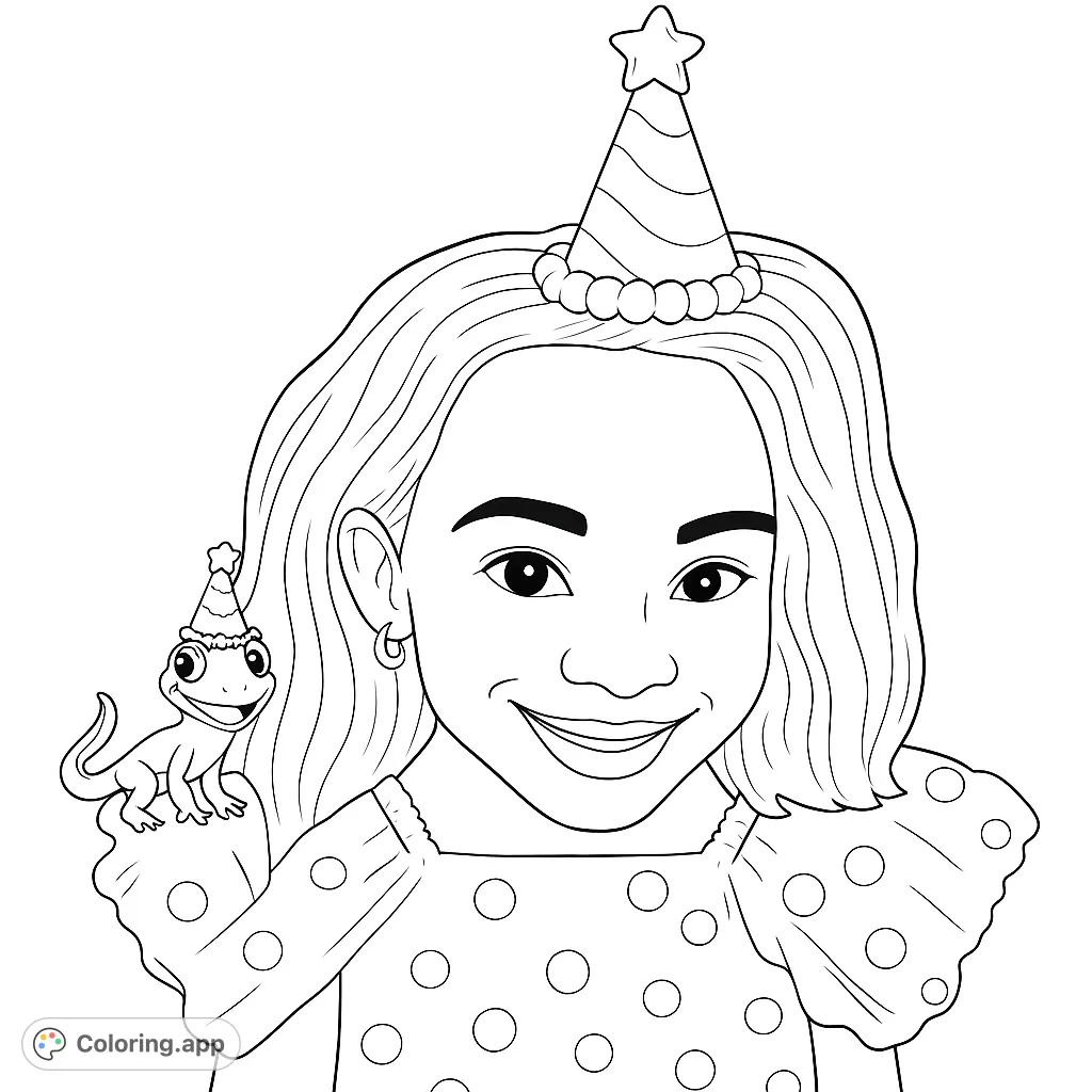 Celebrate with this cheerful person wearing a party hat, accompanied by a smiling lizard friend. Features playful polka dots and a festive mood.