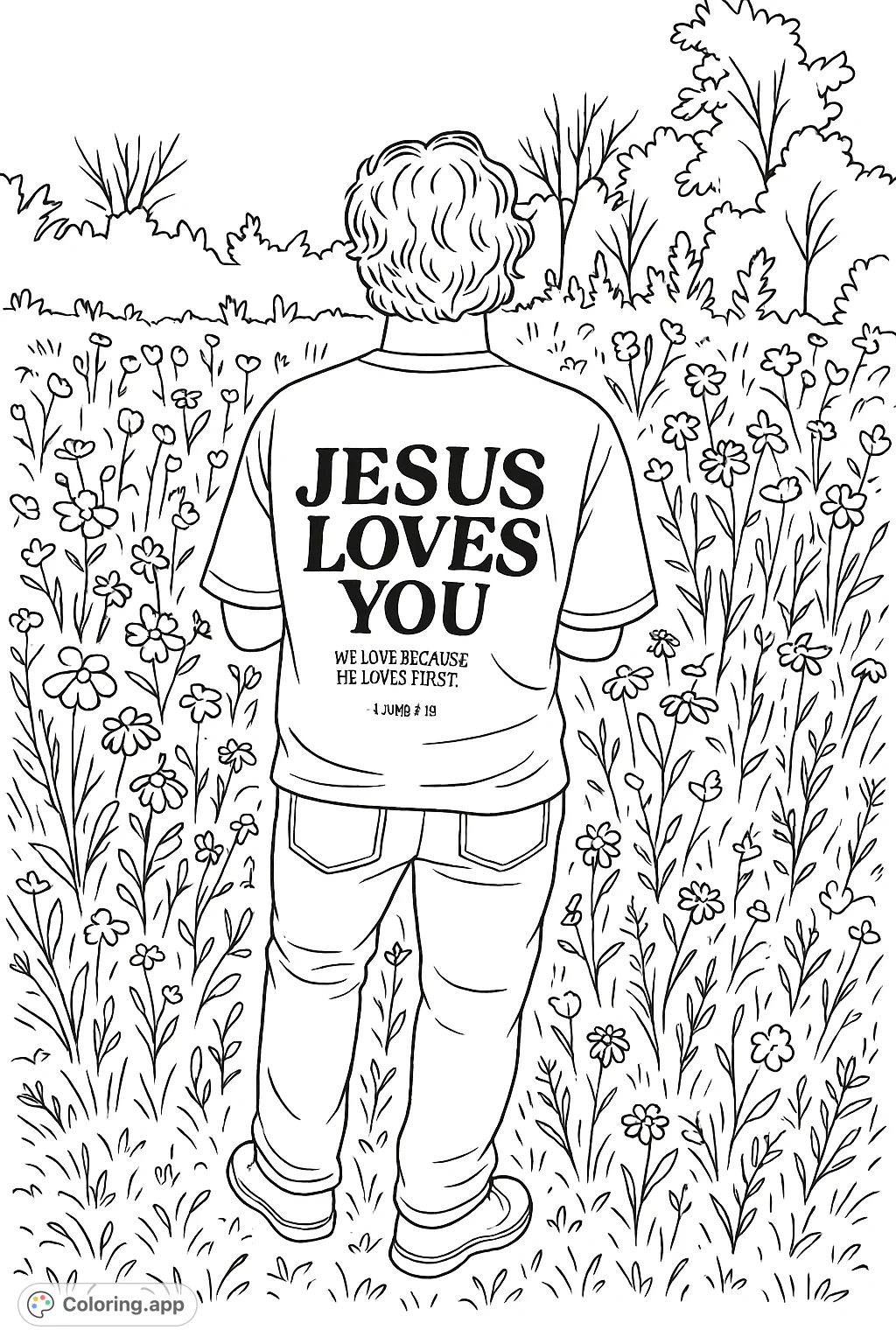 A person stands in a vibrant wildflower field, wearing a shirt with an uplifting message. A serene scene for mindful coloring and personal reflection.