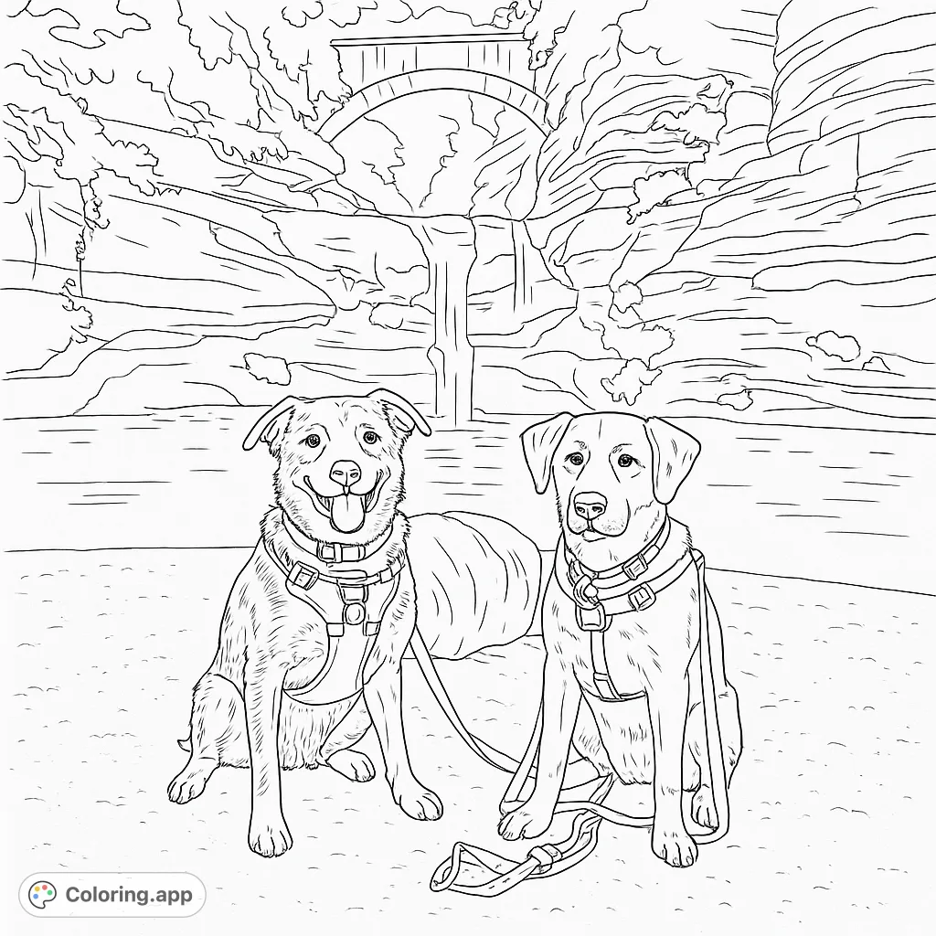 Two happy dogs pose by a scenic waterfall and stone bridge. A delightful nature-themed coloring page for animal lovers and outdoor enthusiasts.