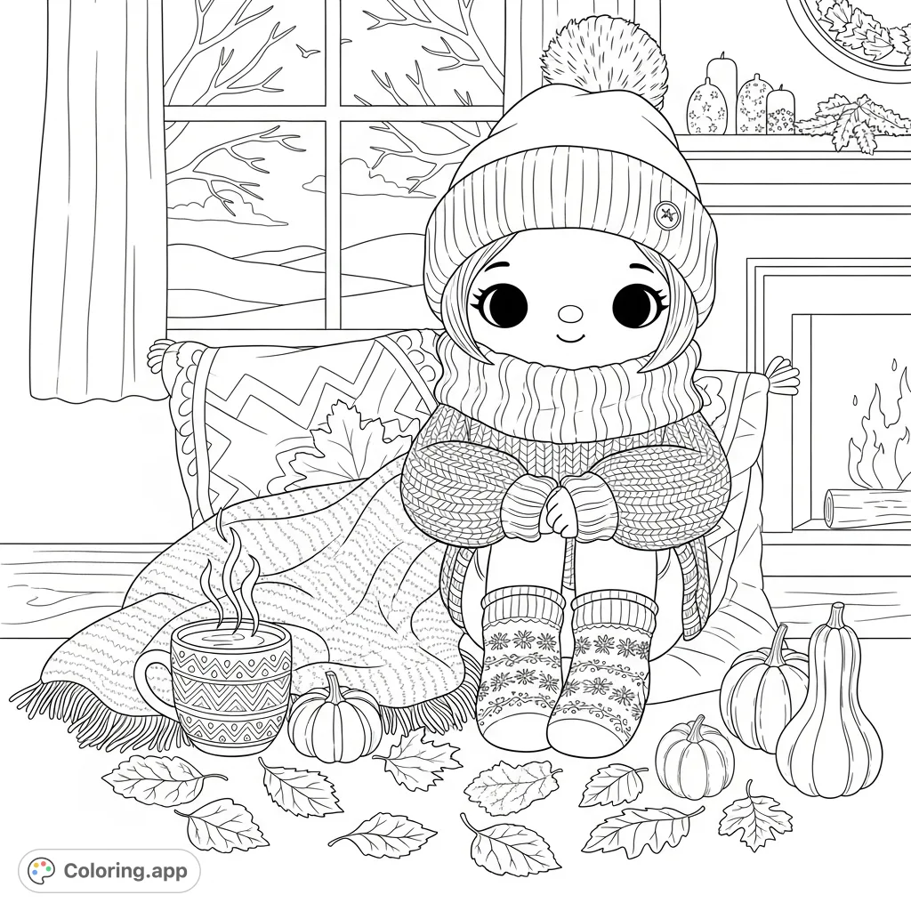 A charming Coco Wyo style character enjoying a cozy fall scene, surrounded by autumn elements and warm comforts. Perfect for a relaxing coloring experience.