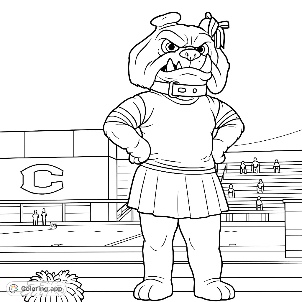 A spirited bulldog mascot stands proudly on a football field, ready for game day. Perfect for sports fans and school spirit enthusiasts to color!