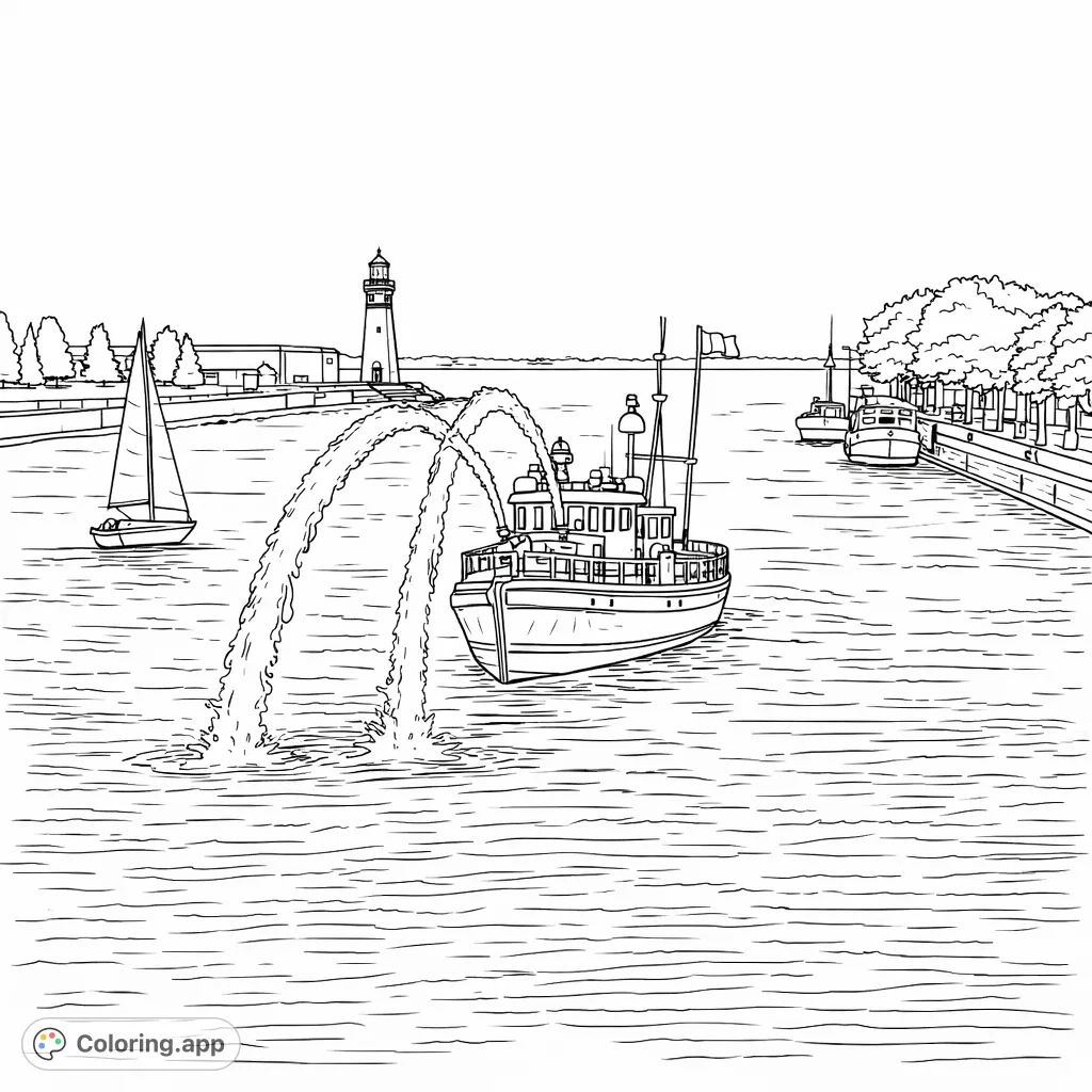 A dynamic fireboat display on the water, with a lighthouse and other vessels in the background. Perfect for maritime enthusiasts.