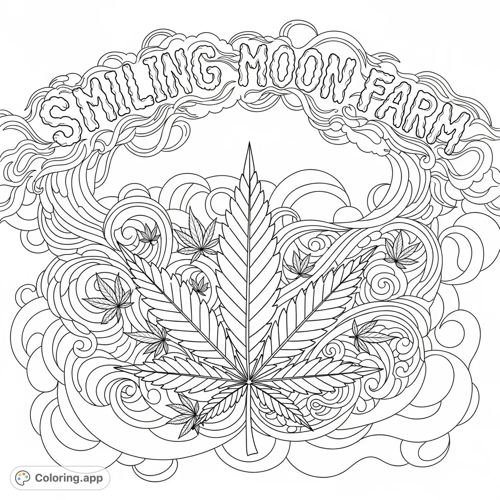 Explore a detailed cannabis leaf scene with swirling patterns and the 'Smiling Moon Farm' text, offering a unique and intricate adult coloring experience.