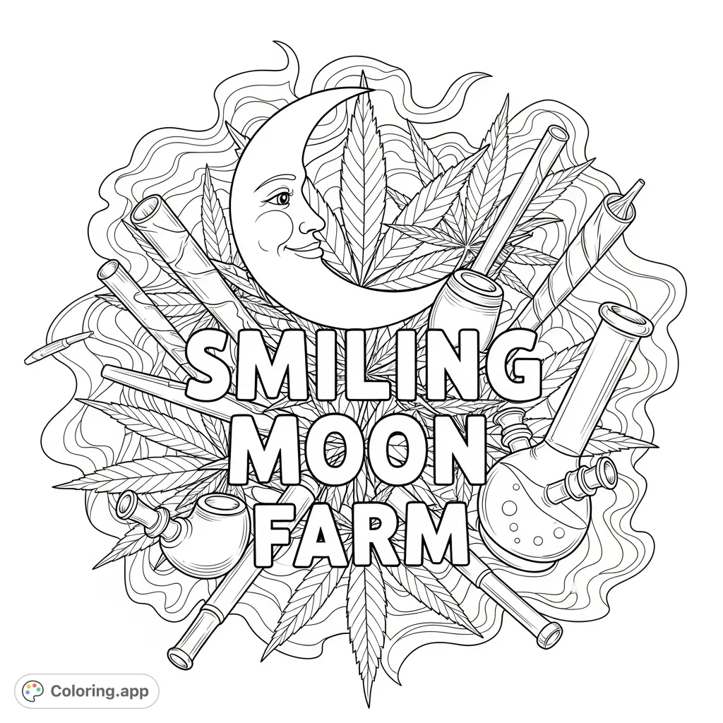 A unique adult coloring page featuring 'Smiling Moon Farm' text, a smiling moon, marijuana leaves, swirling smoke, joints, pipes, and bongs.