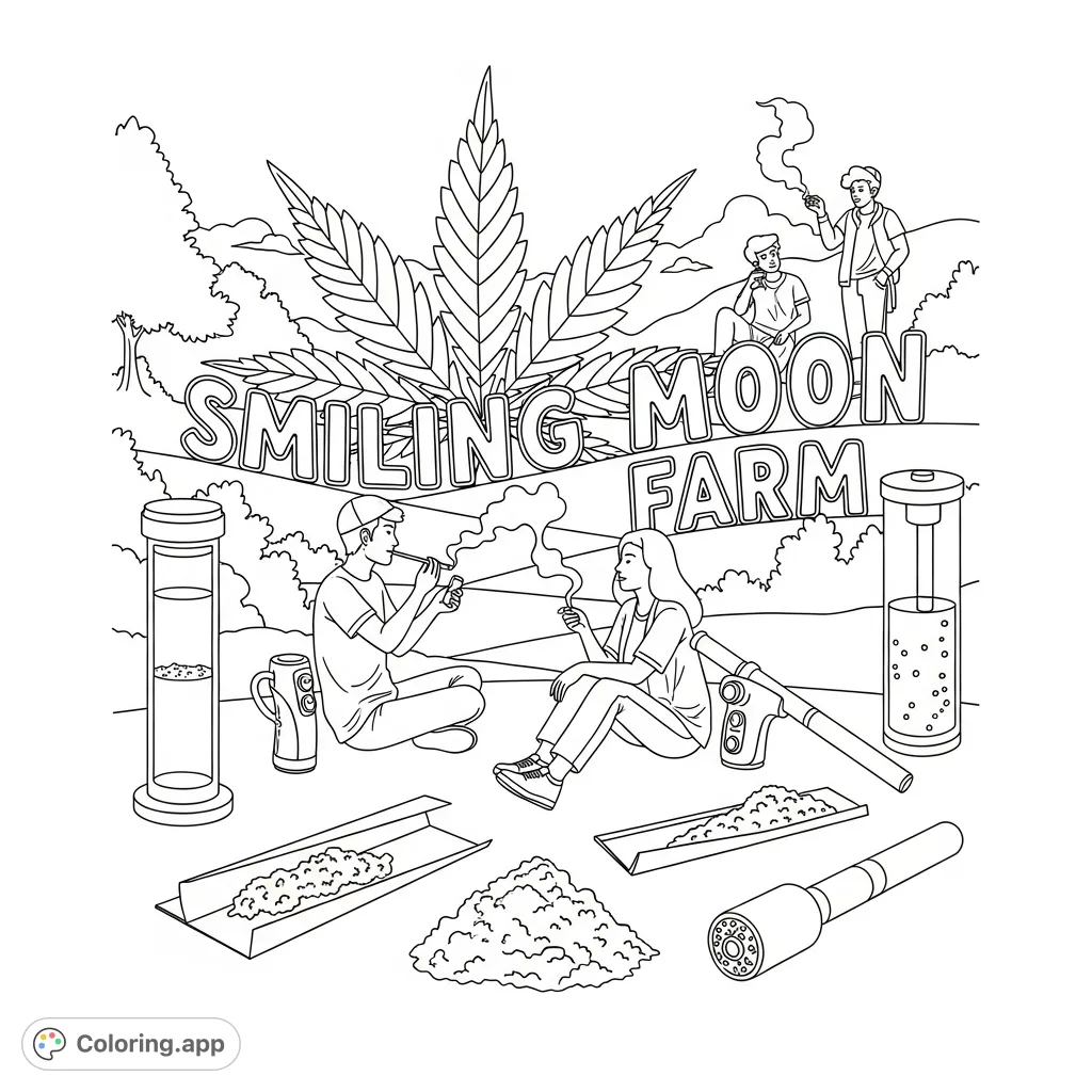 A serene landscape featuring individuals enjoying a relaxed moment amidst marijuana plants and smoking accessories, with 'Smiling Moon Farm' text.