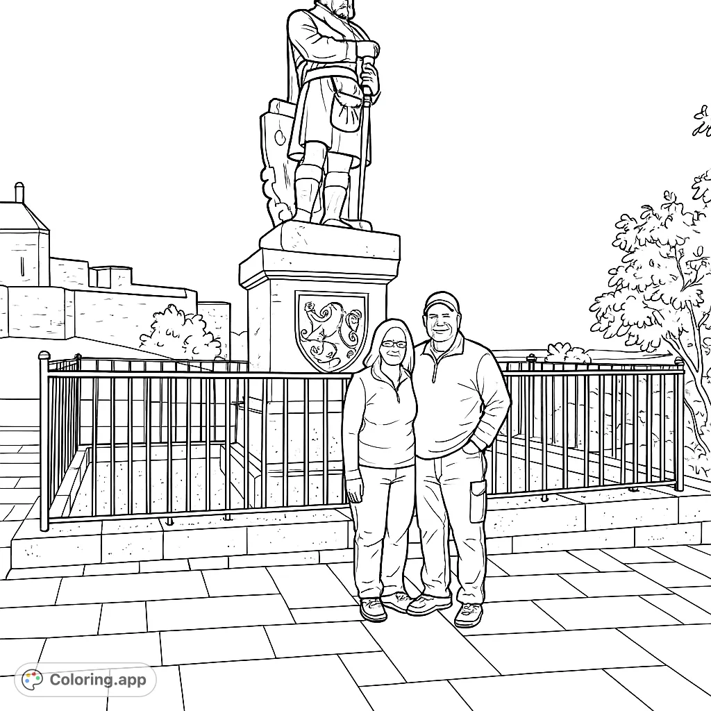 Color a majestic warrior statue on a grand pedestal, set against an ancient castle wall. Explore historical architecture and natural elements in this engaging scene.