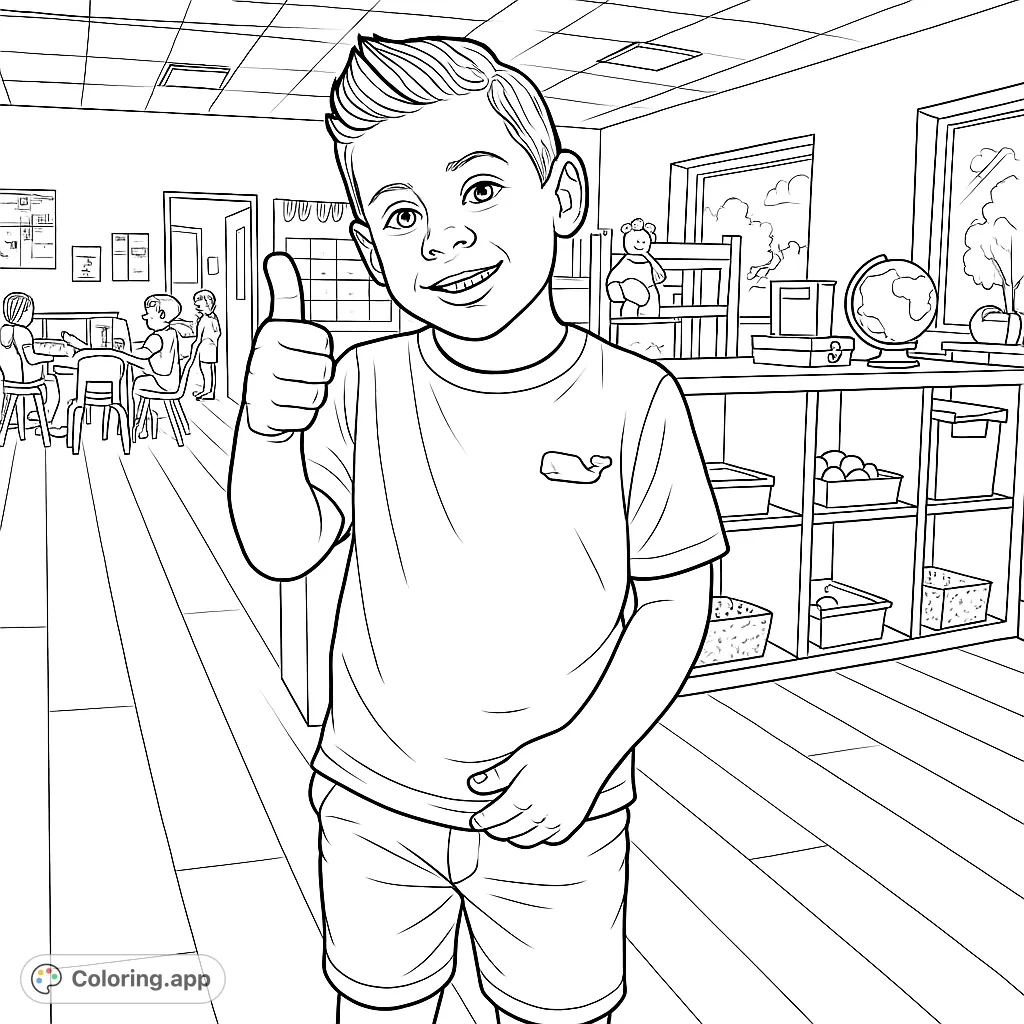 A cheerful boy gives a thumbs-up in a lively classroom, surrounded by friends and learning tools. A fun and engaging scene for young colorists.