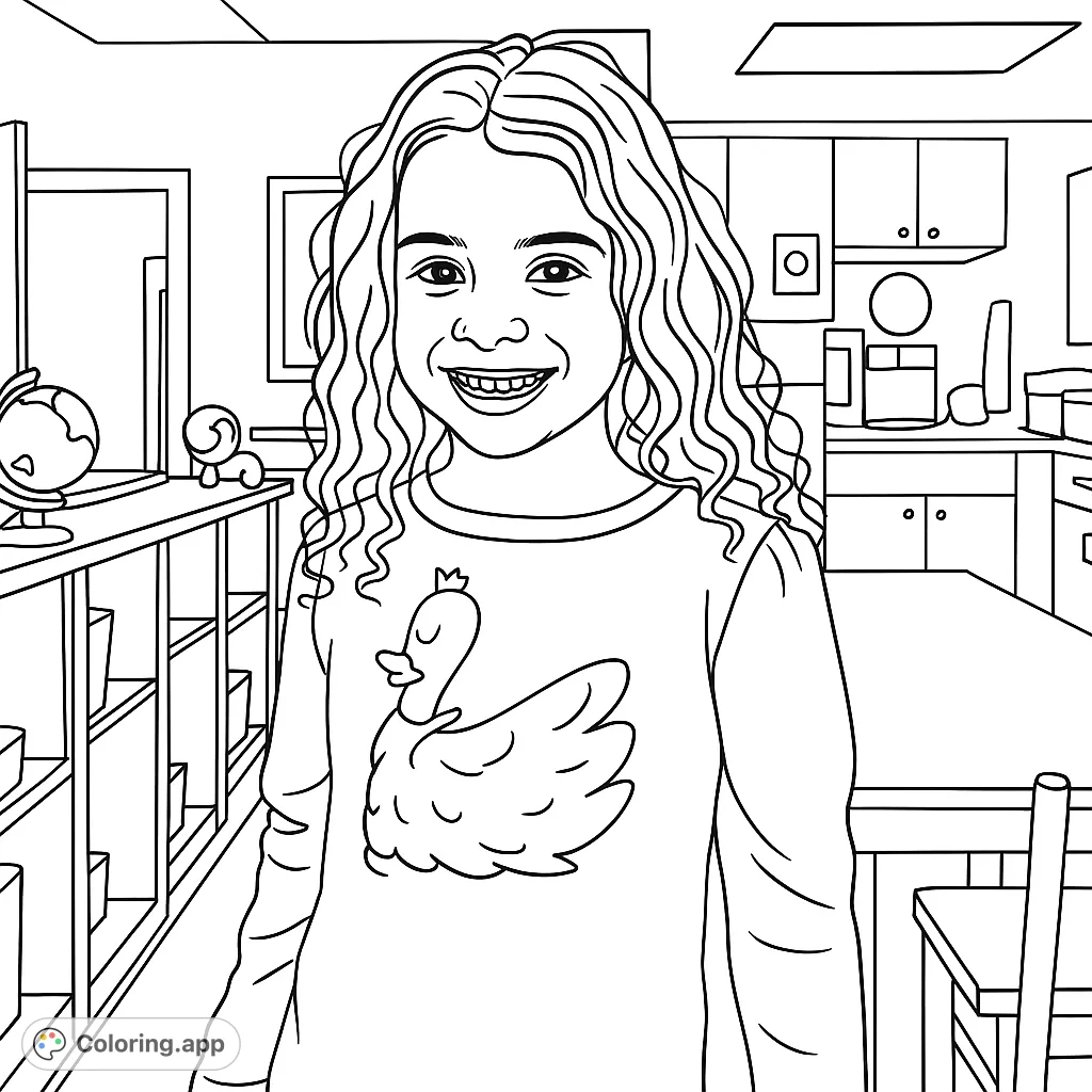 A delightful coloring page featuring a smiling girl with curly hair and a whimsical swan design on her shirt, set in a cozy classroom.