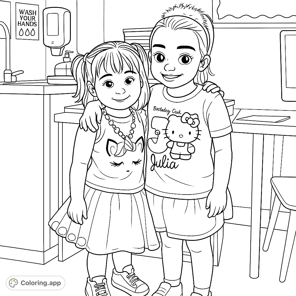 Two cheerful girls, one in a whimsical unicorn top and the other a birthday shirt, share a warm embrace. A delightful scene for young colorists to bring to life.