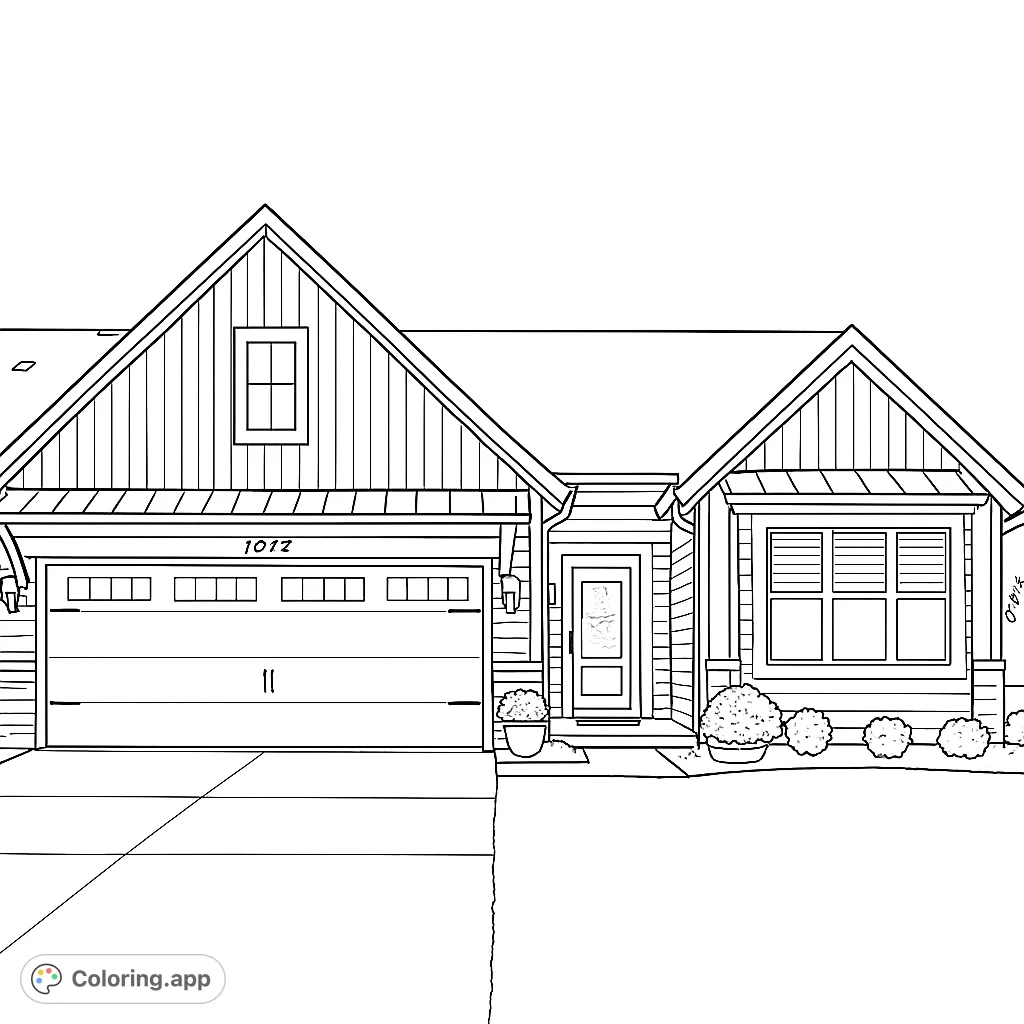 Color a charming modern suburban home with a large garage, inviting entrance, and well-maintained landscaping. Perfect for all ages.