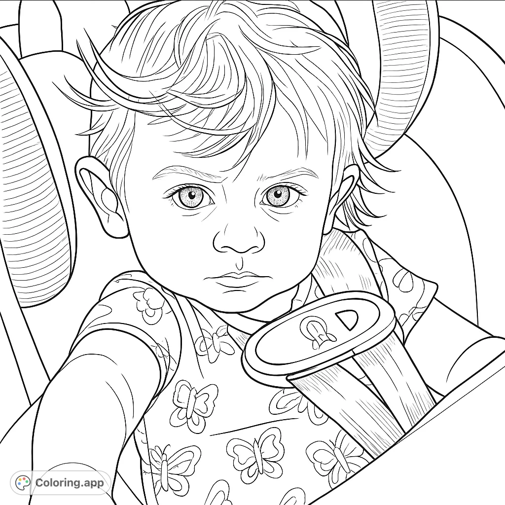 A charming coloring page featuring a sweet child securely buckled in a car seat, wearing a shirt with delightful butterfly patterns. Perfect for all ages.