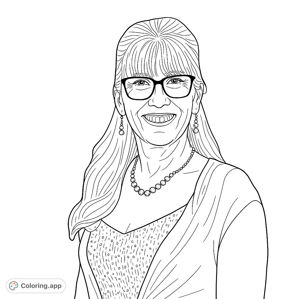 An elegant woman with a joyful smile, wearing glasses, a beaded necklace, and a sequined top. A sophisticated portrait ready for your creative touch.