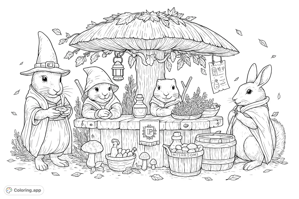 Charming woodland market scene with three adorable rabbits selling their wares under a mushroom canopy. A delightful fantasy coloring page.